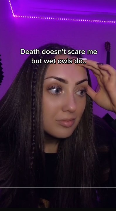 tiktoker @chantelleef takes video of herself with caption "death doesn't scare me but wet owls do"