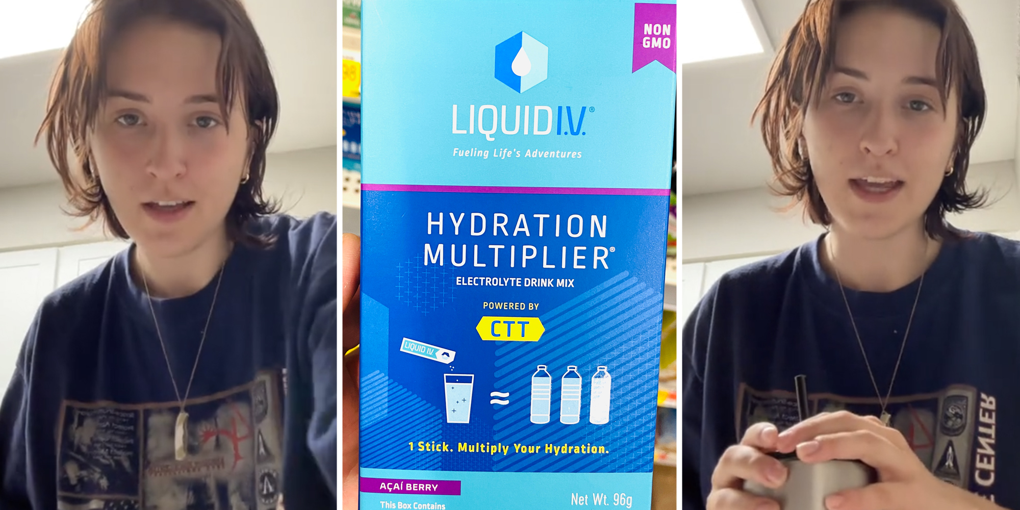 Woman talking(l+r), Liquid IV box(c)