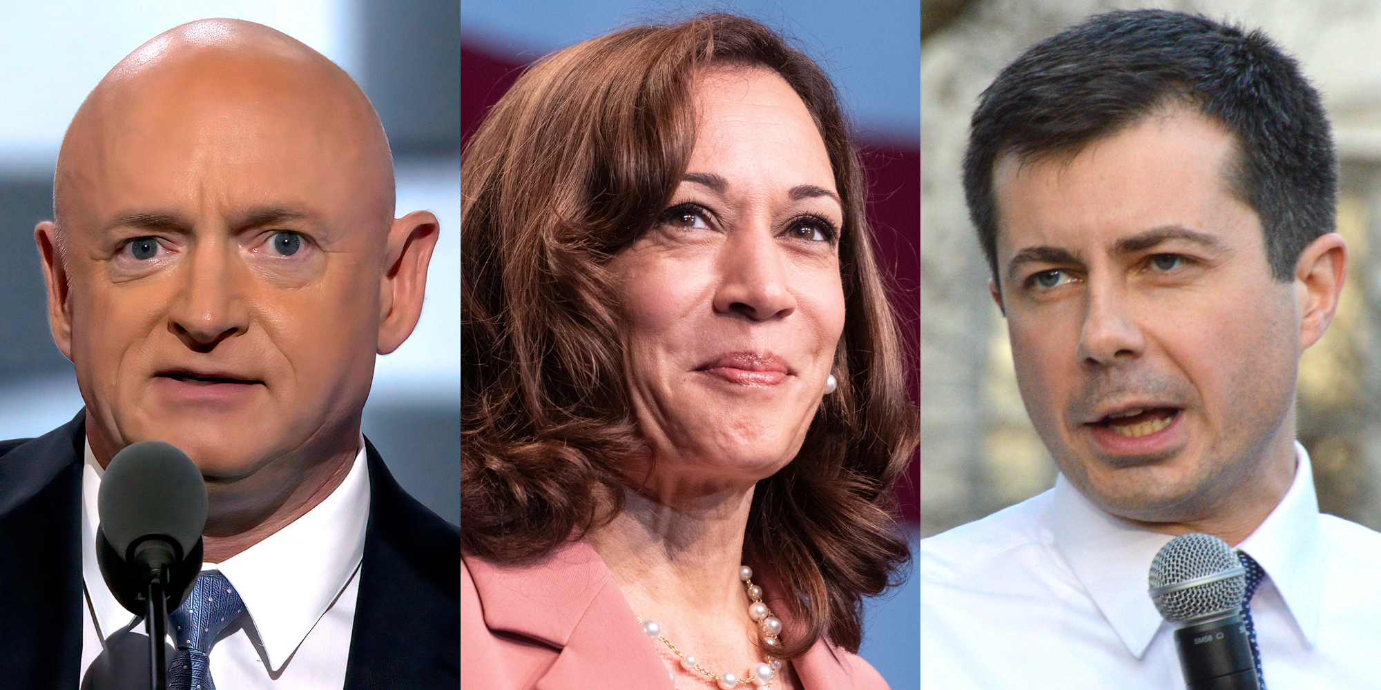 Mark Kelly (l) Kamala Harris (c) Pete Buttigieg (r)