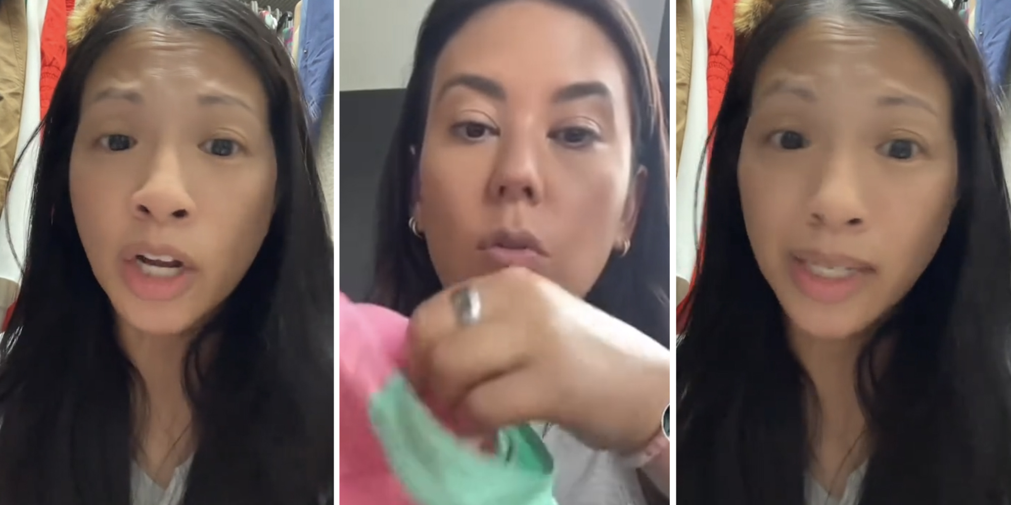 Woman talking(l+r), Second woman showing off swimsuit(c)