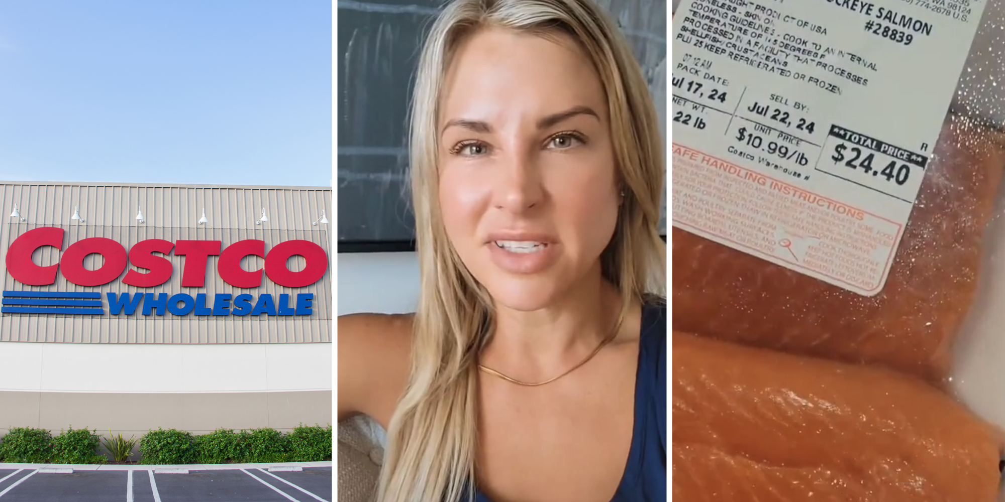 Costco store(l), Woman talking(c), Salmon in package(r)