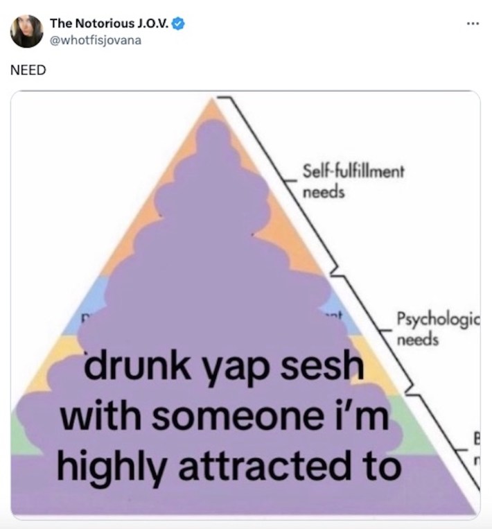 yapping meme of a pyramid reading: drunk yap sesh with someone i'm highly attracted to