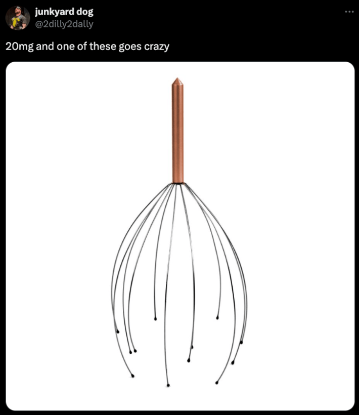 zyn meme showing a head scratcher below a caption reading: "20 mg and one of these goes crazy"