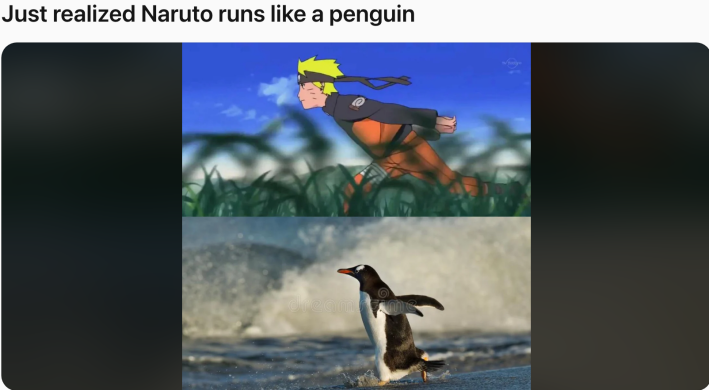 Naruto run penguin meme as posted on Reddit by alfredosolisfuentes