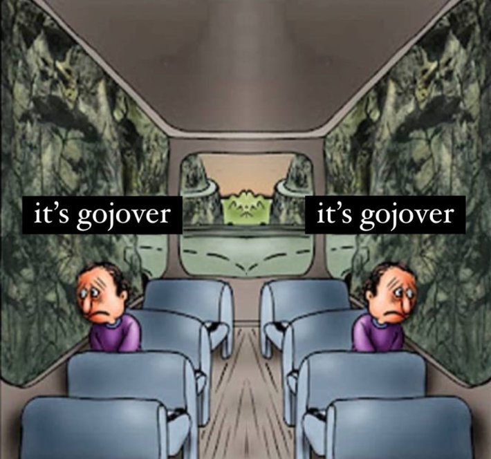Gojo death bus meme posted on X by @zuraswife