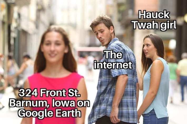 324 Front St Barnum Iowa meme in the "distracted boyfriend" format.