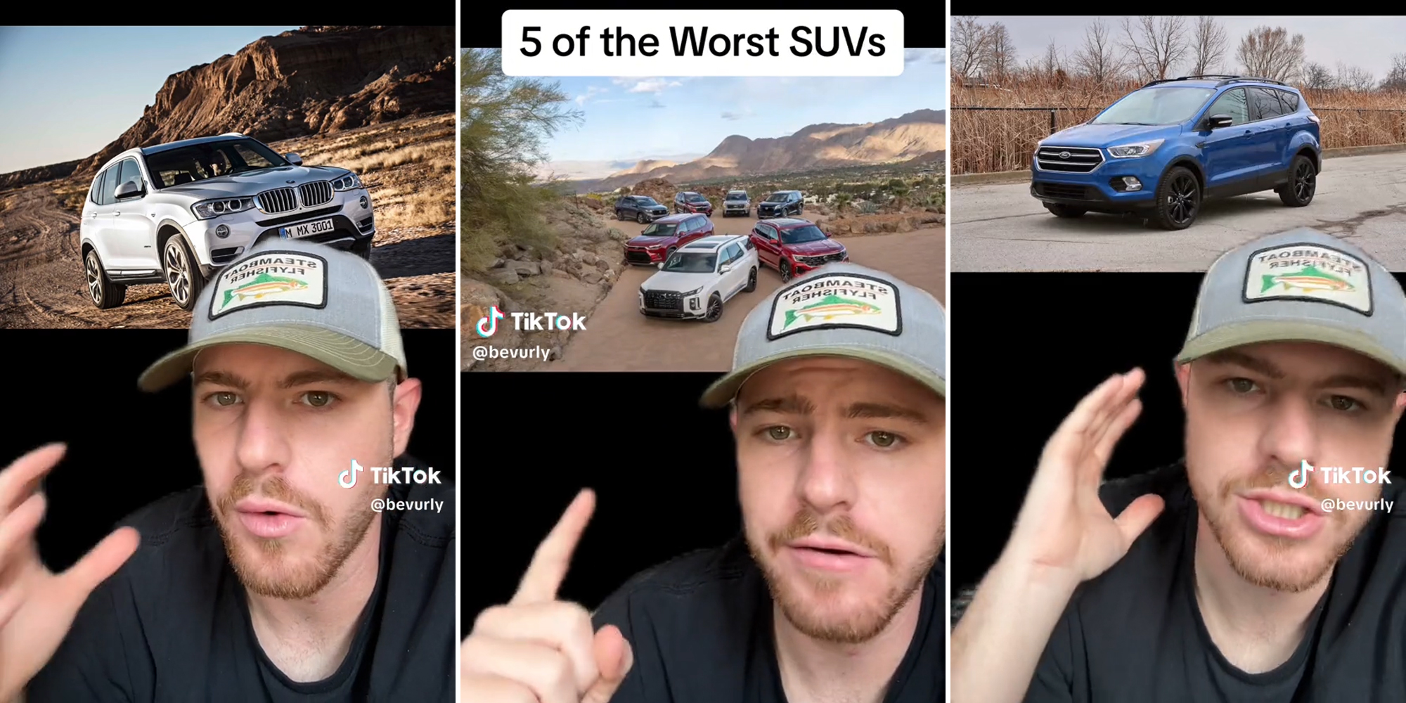 man pointing to suv's with caption "5 of the Worst SUVs"
