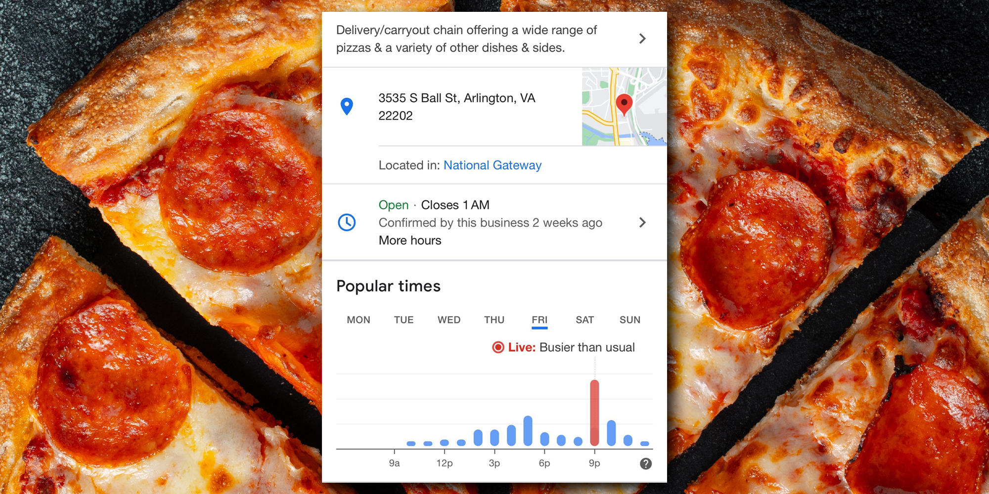 pepperoni pizza (background) google maps business listing for a pizzeria (inset)