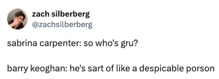 Evil Porson Meme with Sabrina Carpenter asking "so who's gru?"