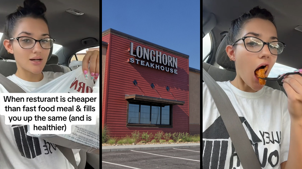 woman holding food in bag with caption "When restaurant is cheaper than fast food meal & fills you up the same (and is healthier) (l) Longhorn Steakhouse (c) woman eating