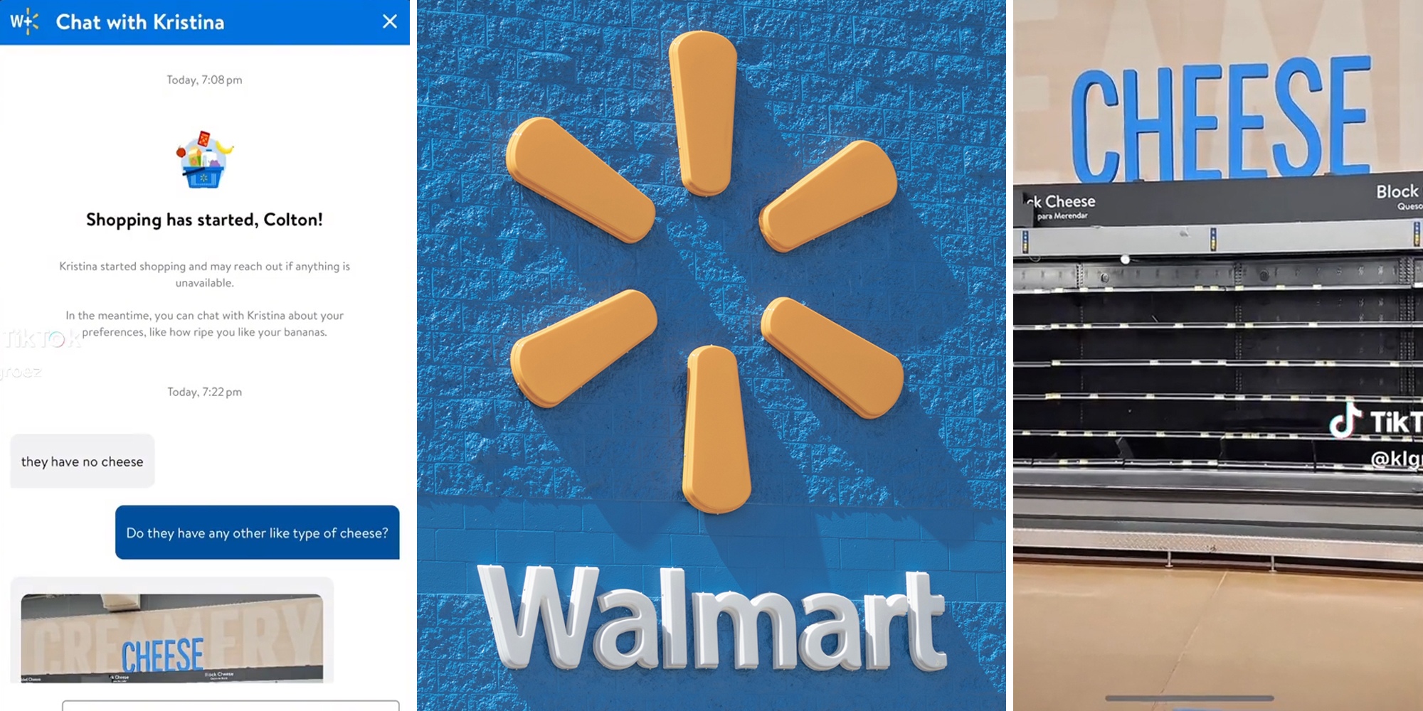 walmart app "chat with Kristina" window with chat messages "they have no cheese" and "Do they have any other like type of cheese?" (l) Walmart logo (c) empty Cheese section (r)