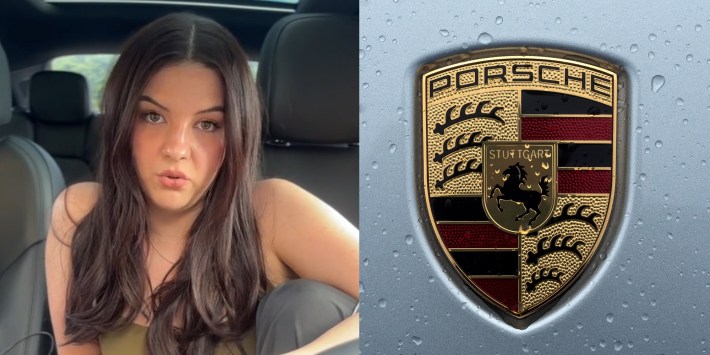 A woman looking at the camera next to a Porsche logo.