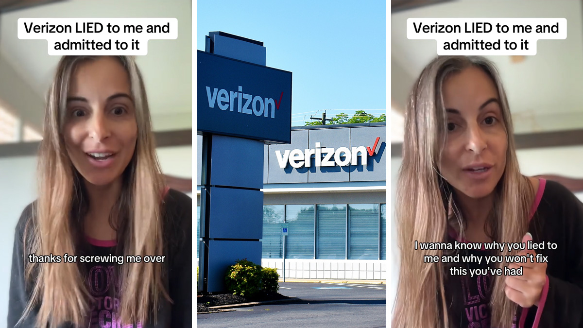 woman speaking with caption "Verizon LIED to me and admitted to it thanks for screwing me over" (l) Verizon (c) woman speaking with caption "Verizon LIED to me and admitted to it I wanna know why you lied to me and why you won't fix this you've had" (r)