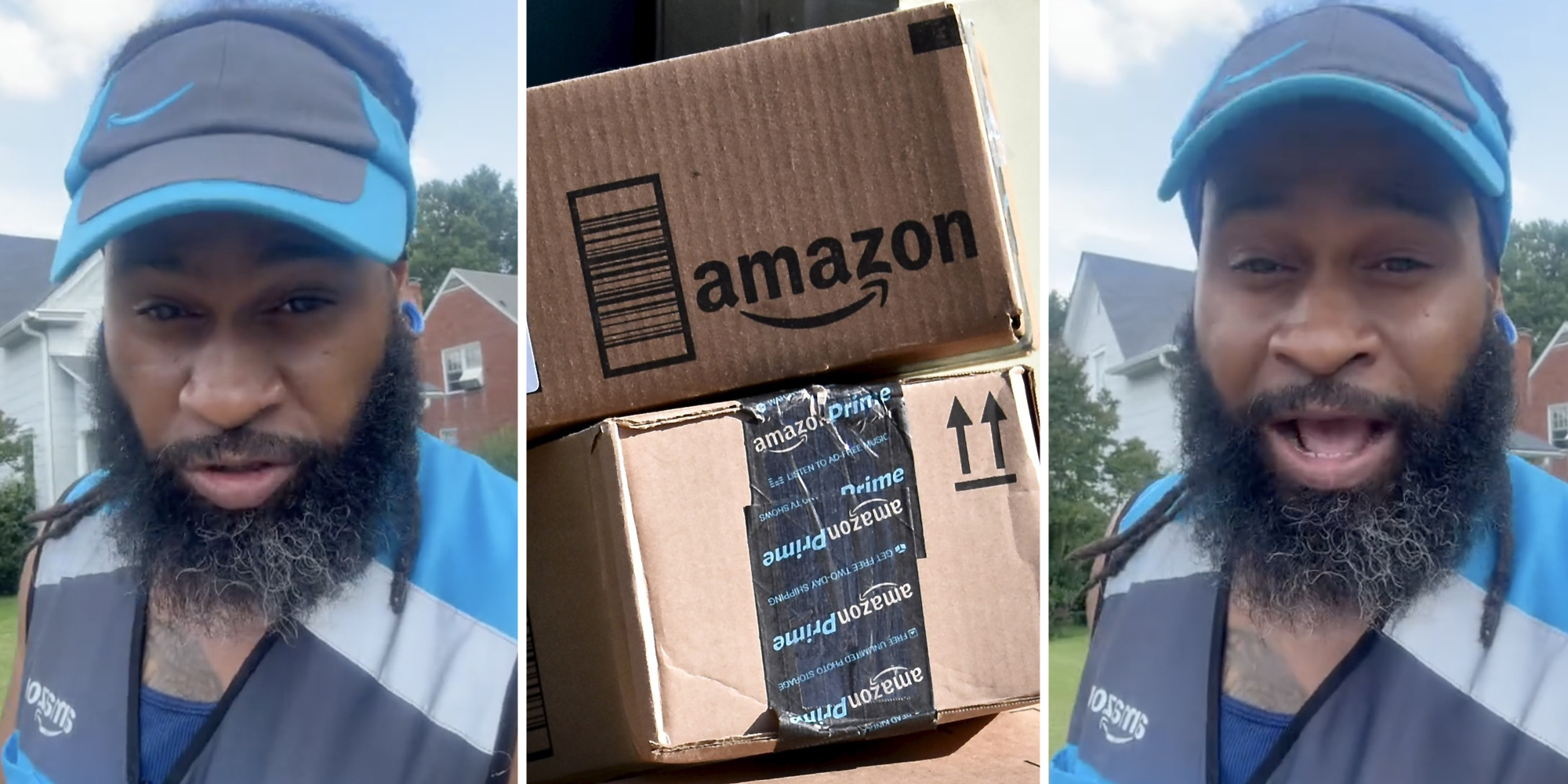 Amazon delivery driver(l+r), Amazon boxes(c)