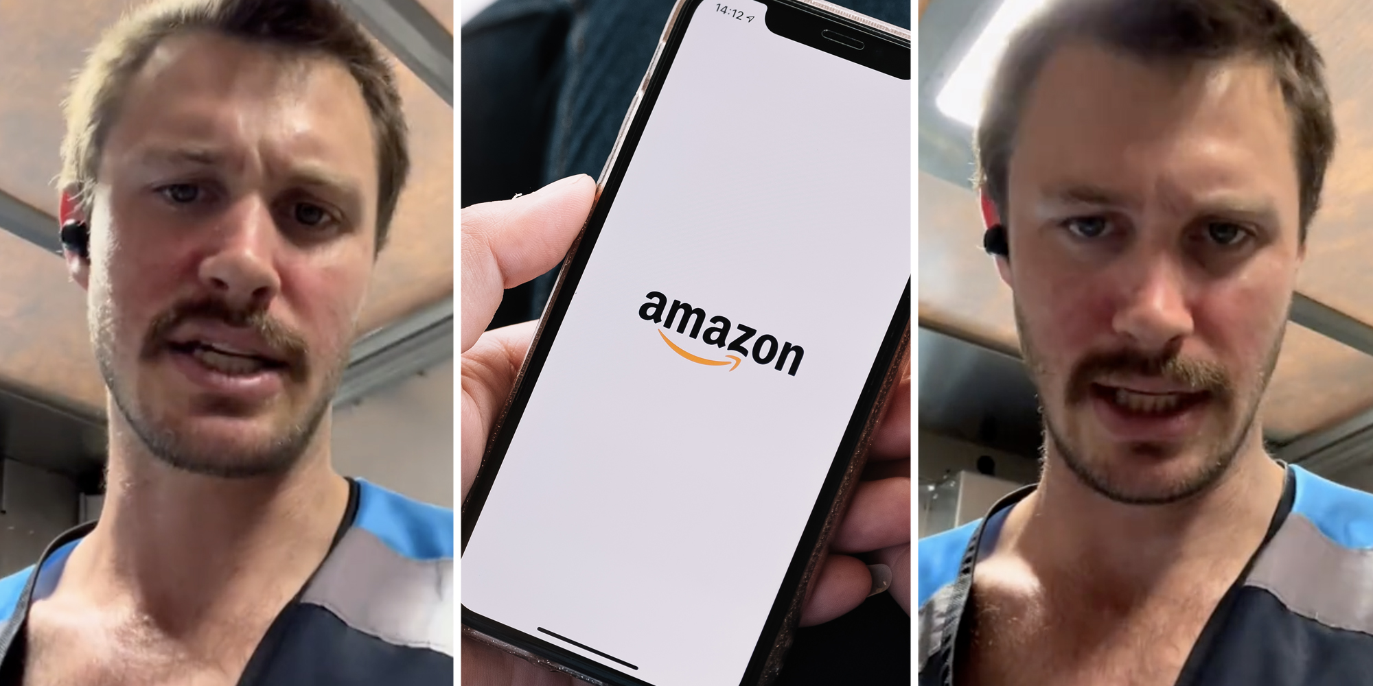 Man talking(l+r), Amazon app on phone(c)