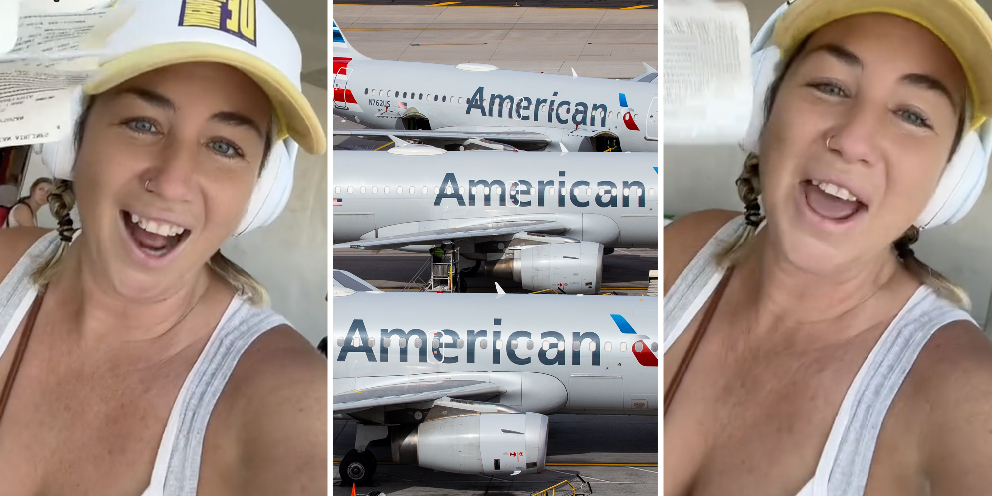 Woman talking(l+r), American airlines planes(c)