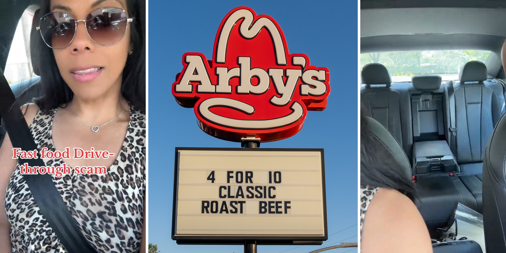 woman in car with caption "Fast food Drive-through scam" (l) Arby's sign (c) back of car with empty drive thru (r)