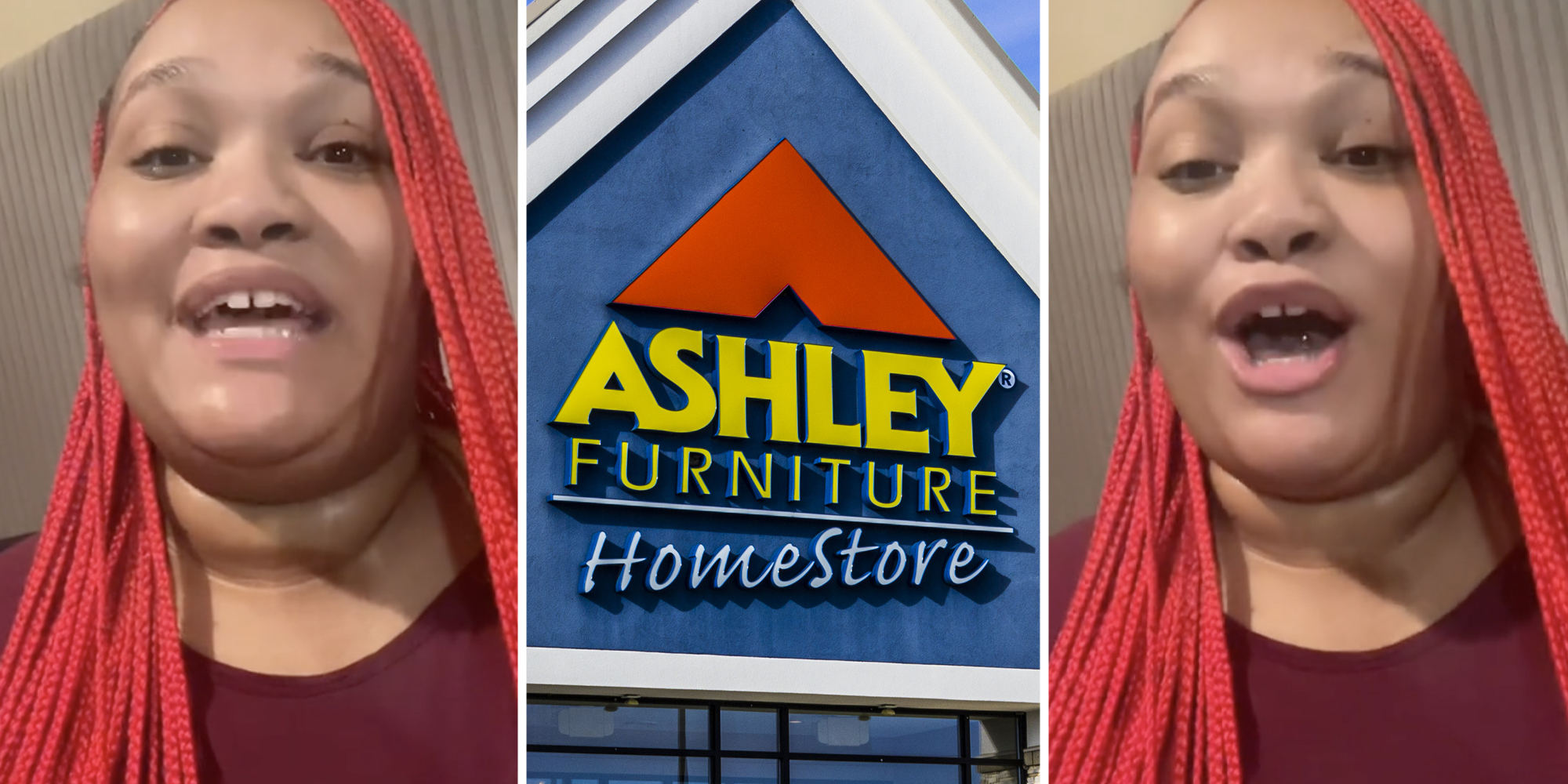 Woman talking(l+r), Ashley Furniture(c)