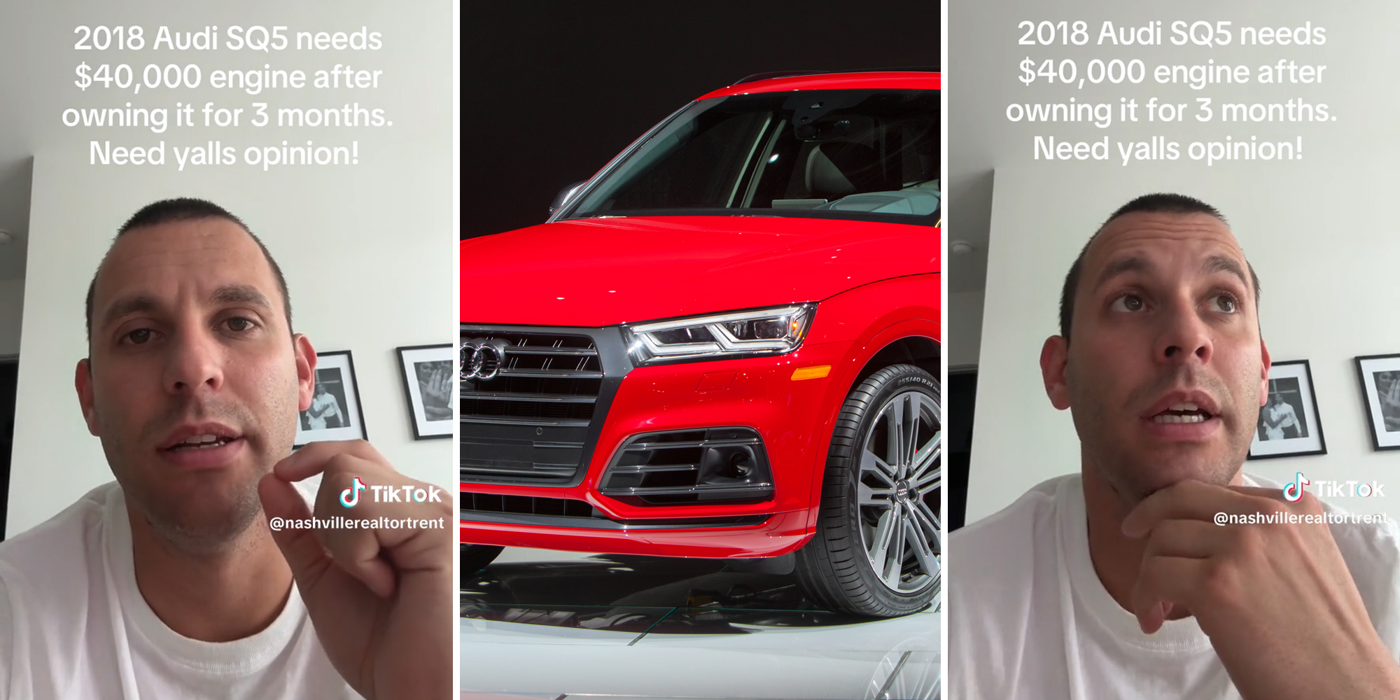 man with caption "2018 Audi SQ5 needs $40,000 engine after owning it for 3 months. Need yalls opinion!" (l&r) red Audi SQ5 (c)