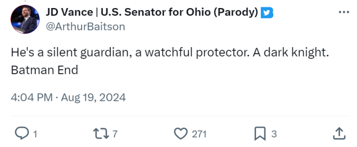 Tweet that reads, "He's a silent guardian, a watchful protector. A dark knight. Batman End"