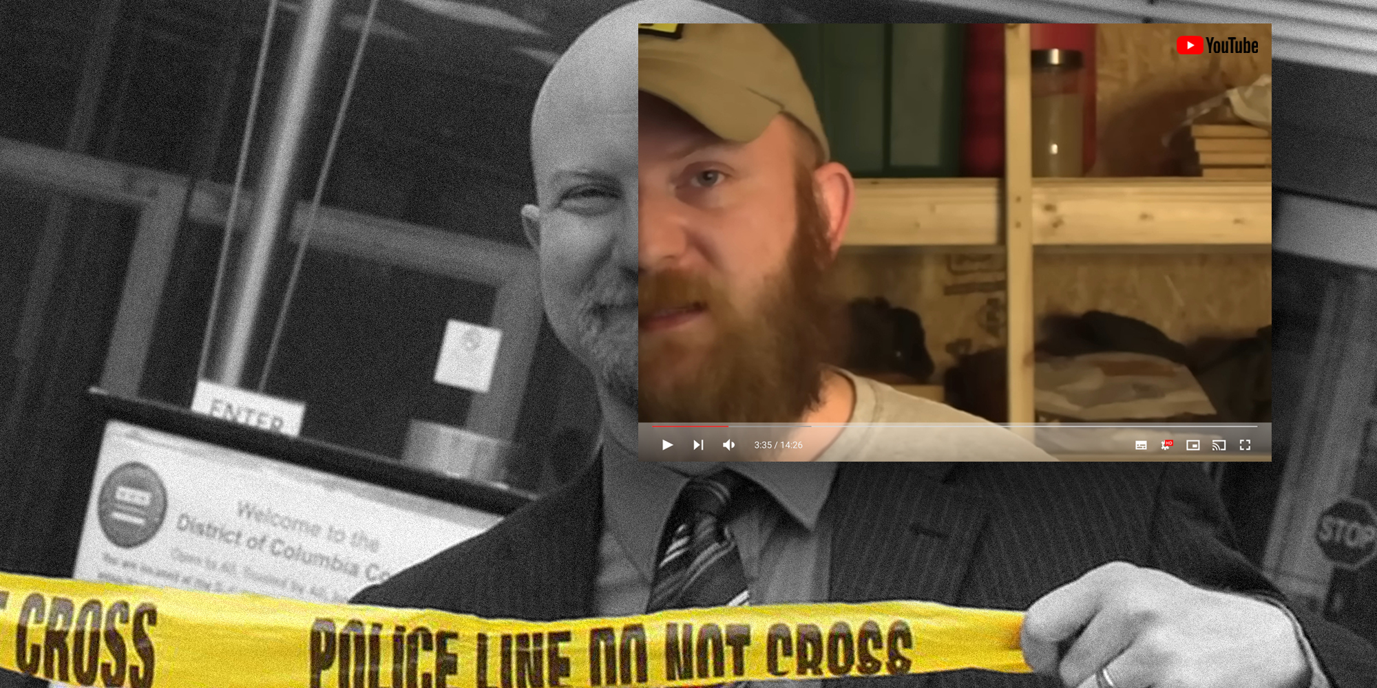 Justin King/Beau of the Fifth Column holding "Police line do not cross" tape in front of DC courthouse, overlay of YouTube video