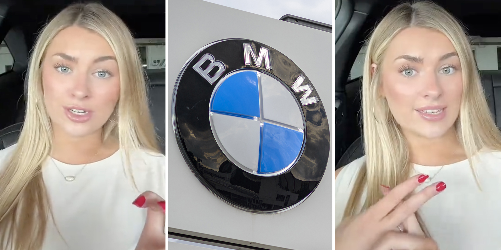 Woman talking(l+r), BMW sign(c)