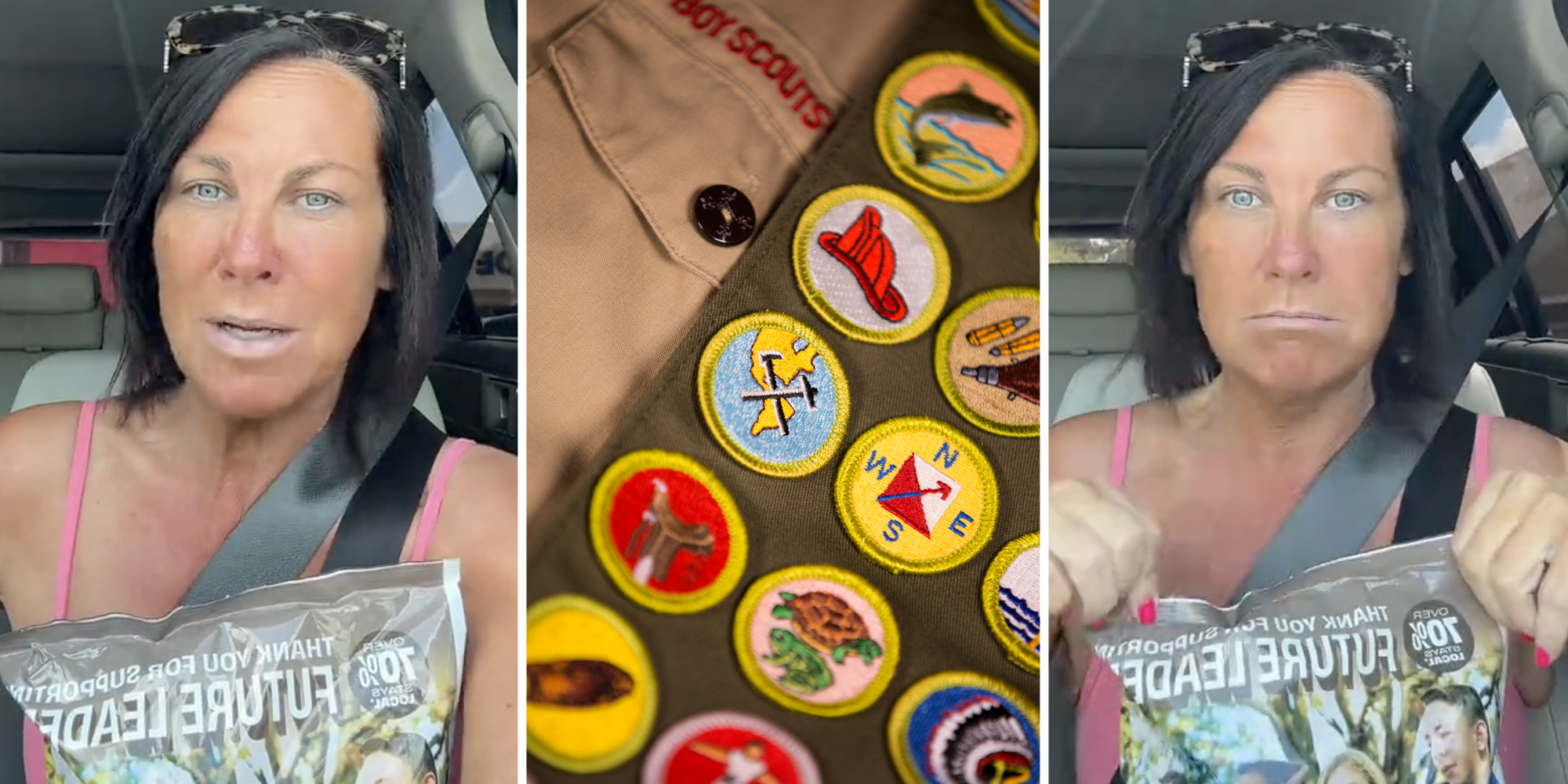 Woman talking(l+r), Boy scouts badges(c)