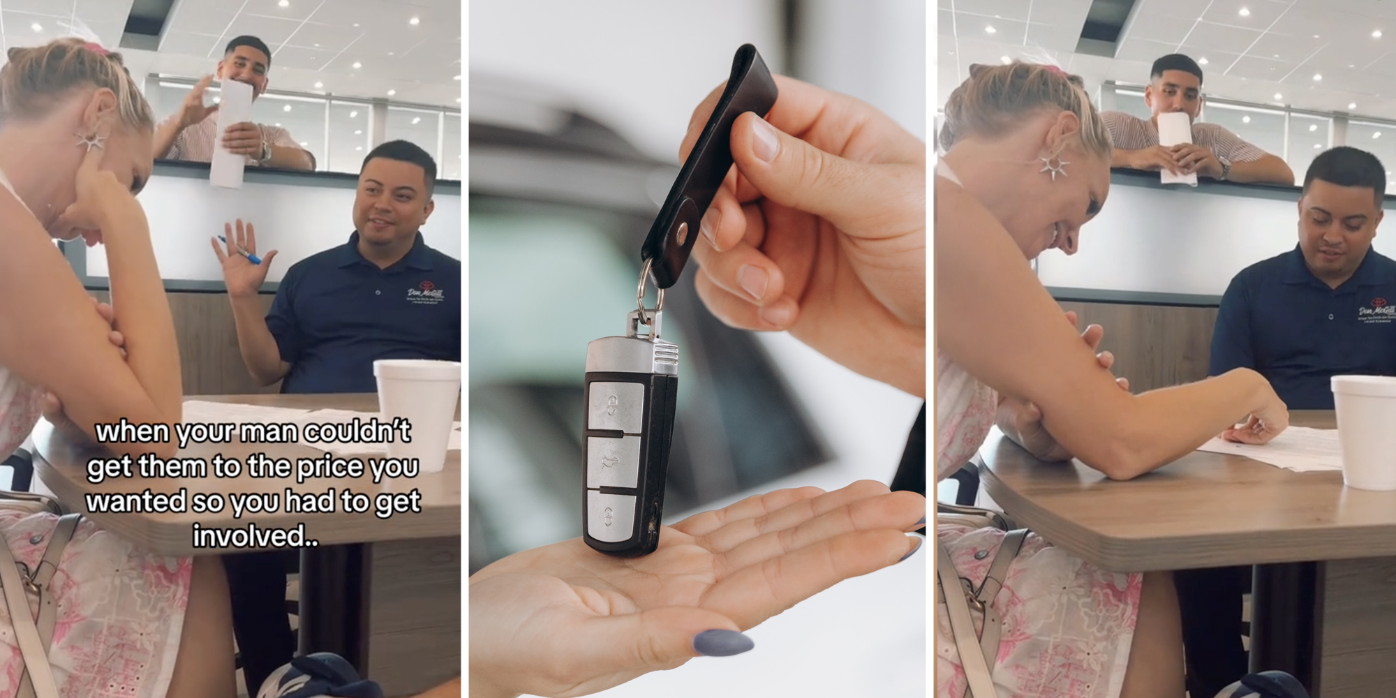 Woman negotiating with dealer(l+r), Hands passing car keys(c)