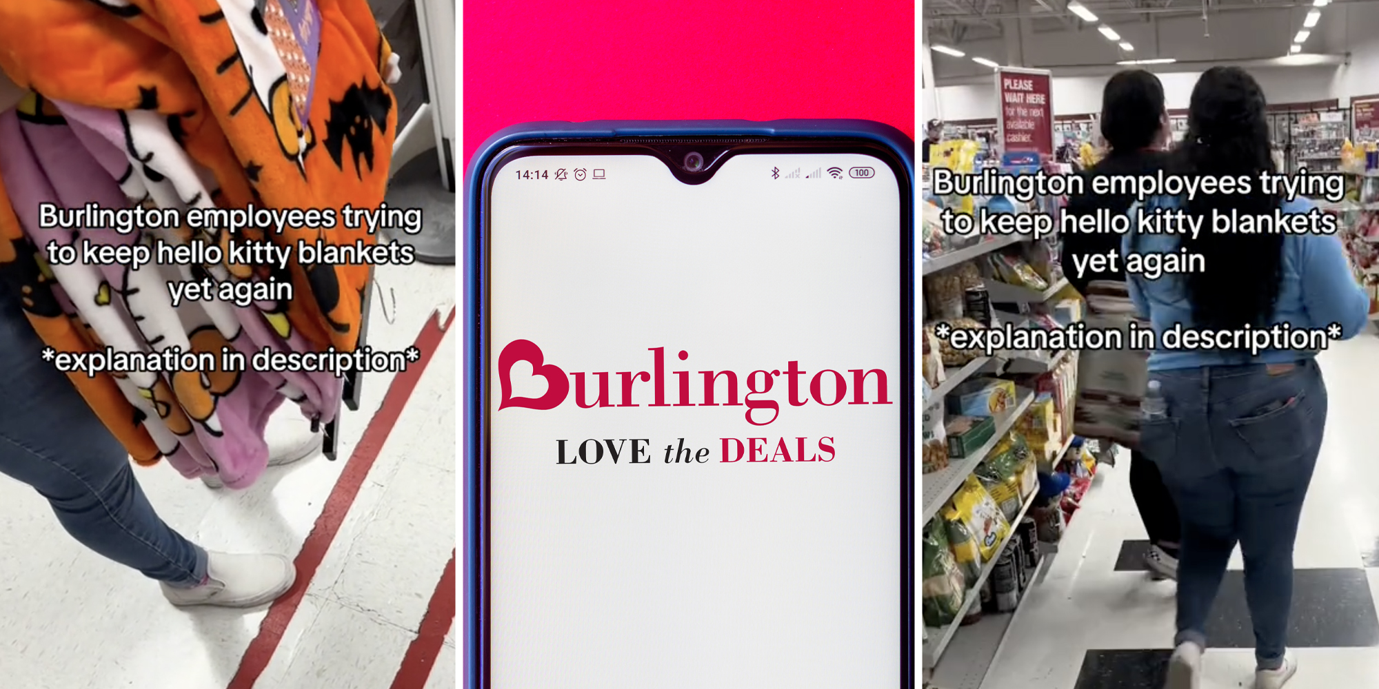 Person holding blankets(l), Burlington app on phone(c), Employees walking away(r)