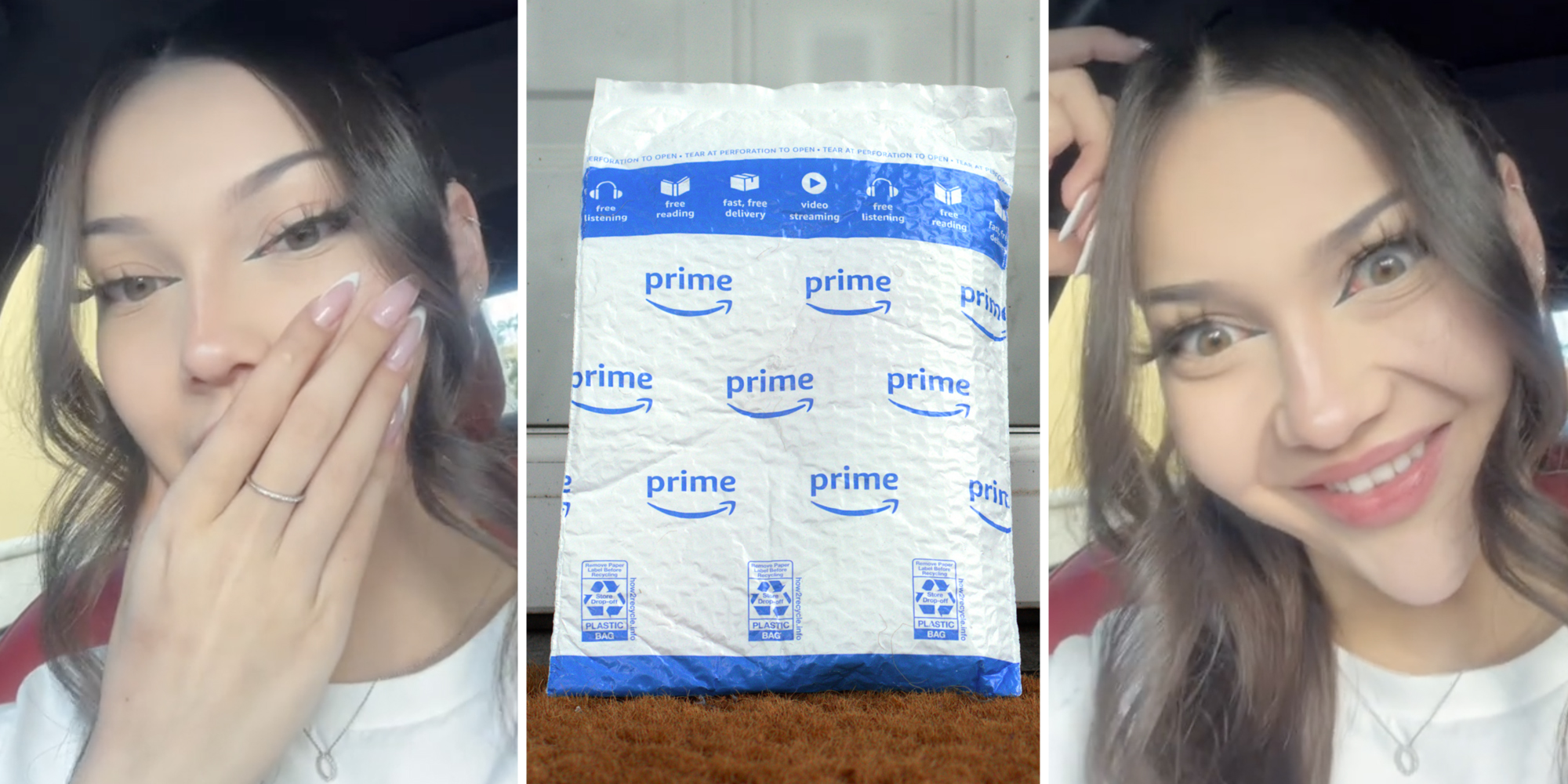 Woman looking shocked(l+r), Amazon Prime package(c)