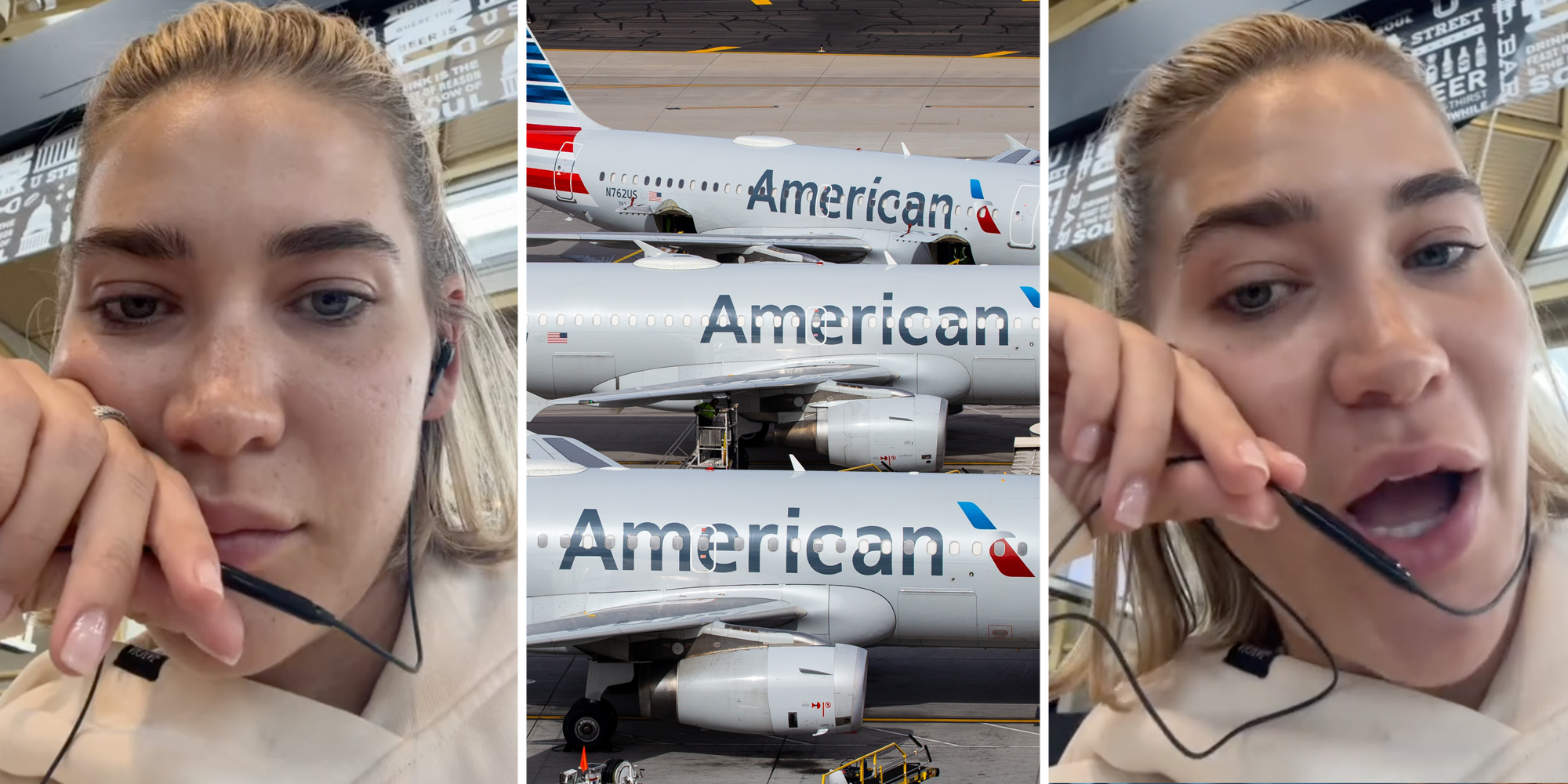 Woman talking(l+r), American Airlines(c)
