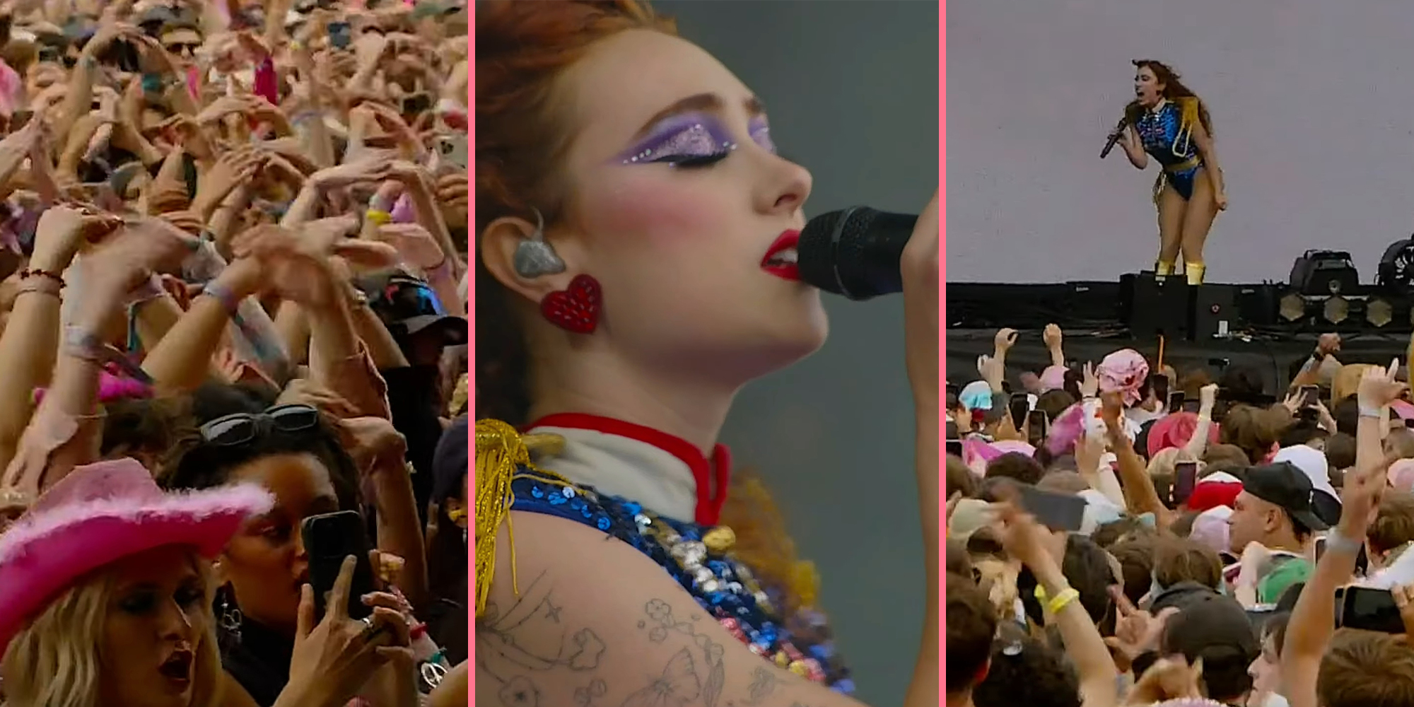 chappell roan - audience (l) Chappell Roan (c) Chappell Roan yelling on stage (r)