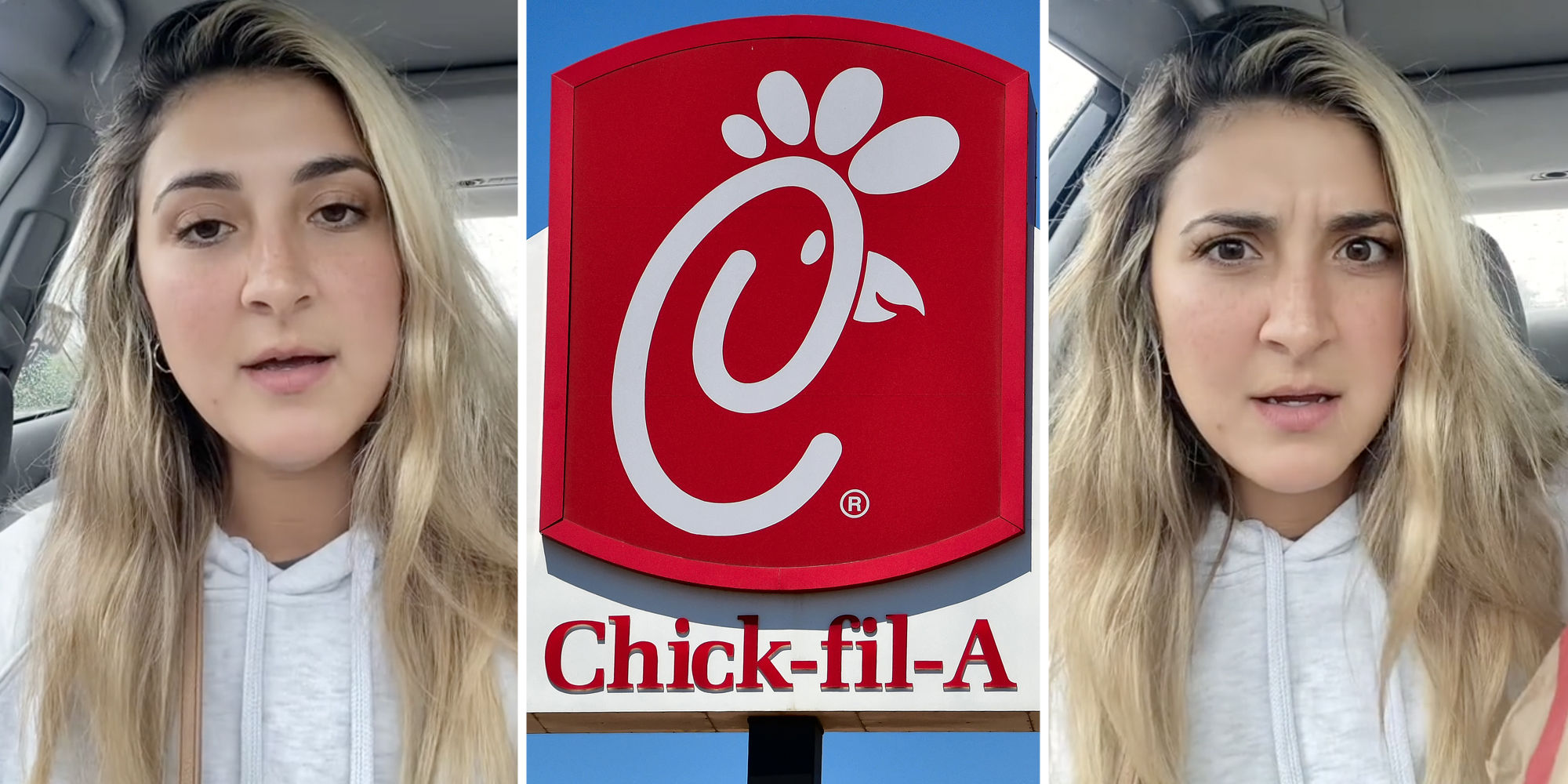 Woman talking(l+r), Chick-fil-a sign(c)
