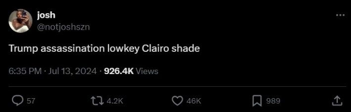 "Trump assassination lowkey Clairo shade" tweet