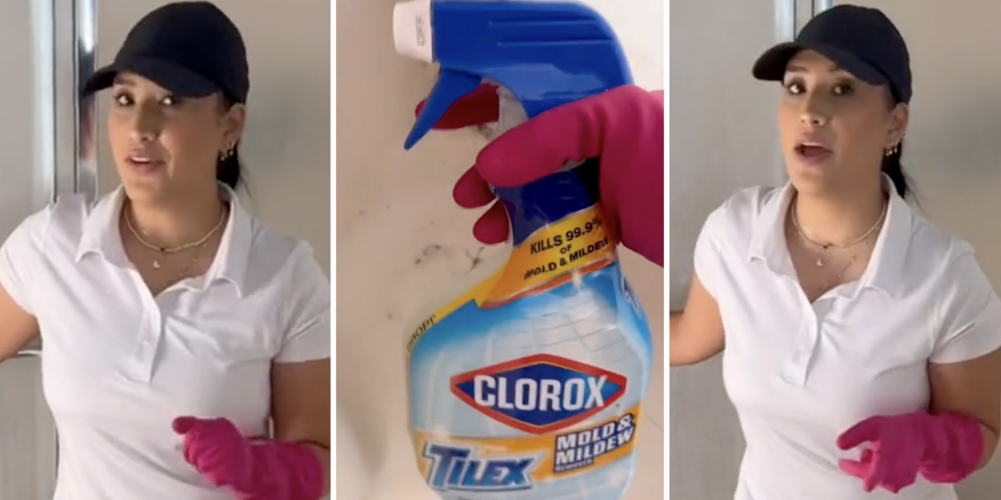 Woman talking(l+r), Hand holding clorox bottle(c)