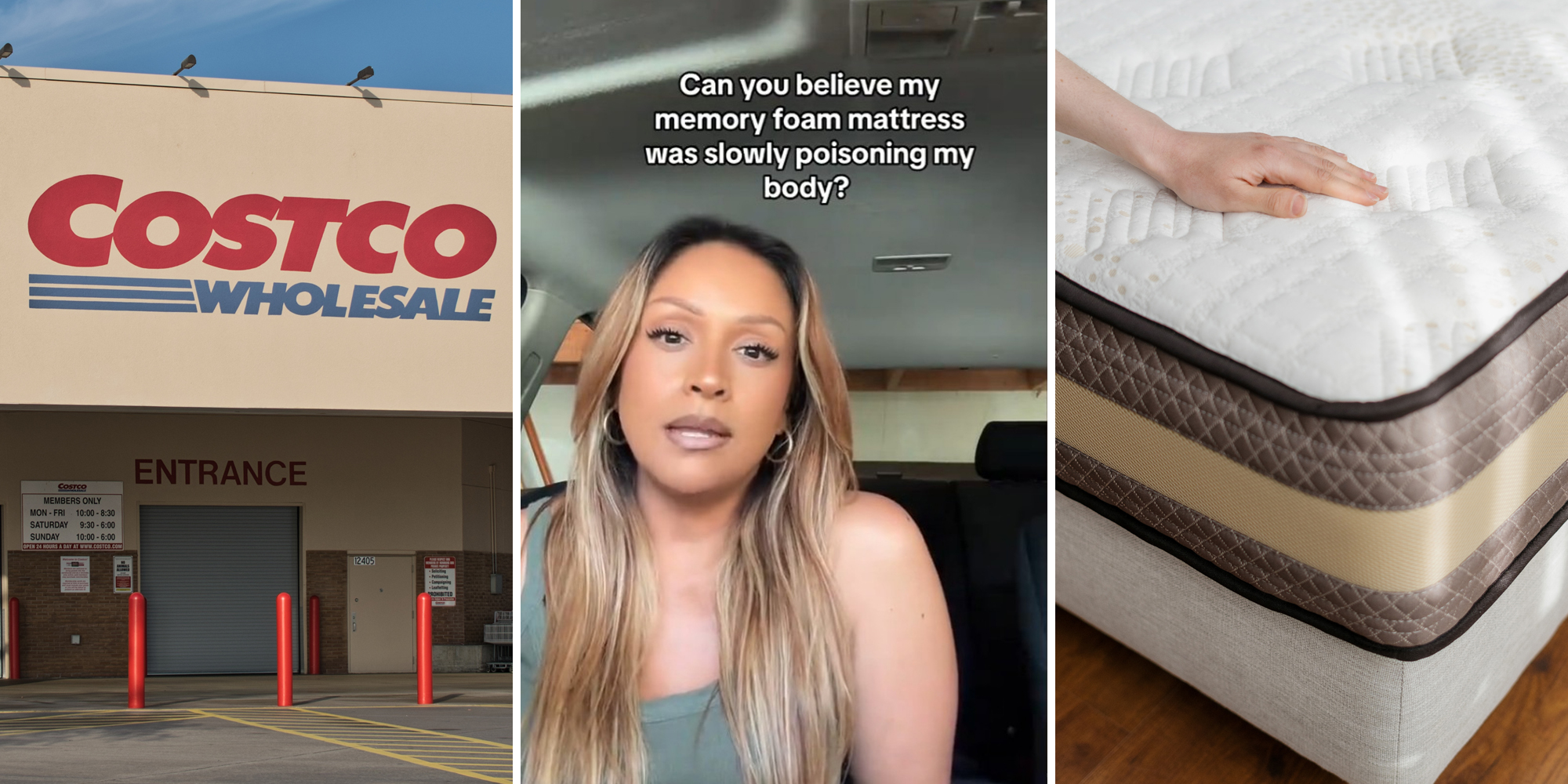 costco (l) young woman in car with caption "can you believe my memory foam mattress was slowly poisoning my body?" (c) hand pressing on mattress (r)