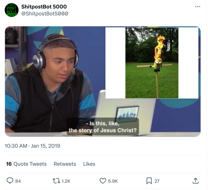 A teenager sitting at a computer, the screen they are looking at replaced by a Jesus Minion photo. Subtitles read, "Is this, like, the story of Jesus Christ?"