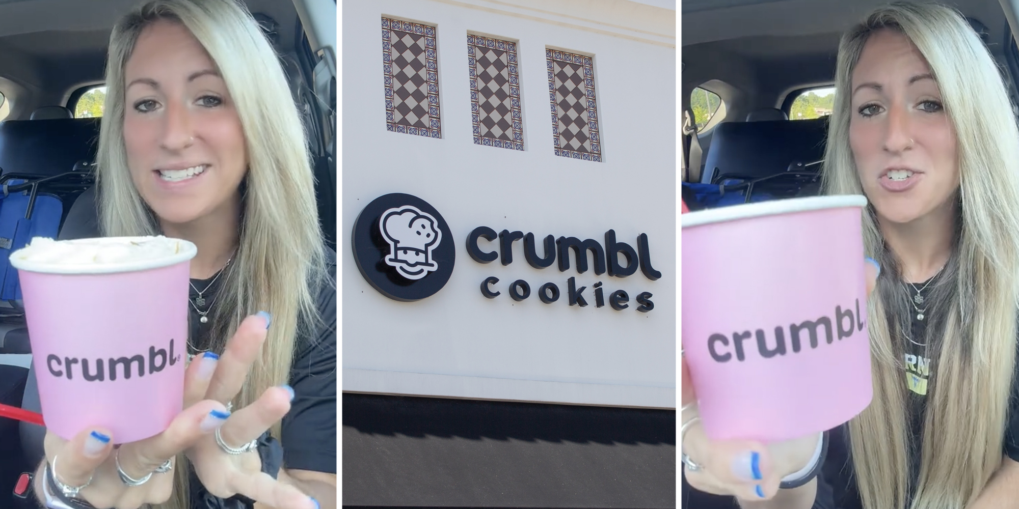 Woman with crumbl banana pudding(l+r), Crumbl cookies sign(c)