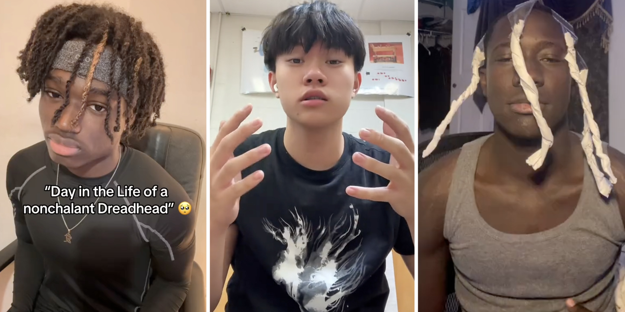 Three split of different men doing the Nonchalant Dreadhead TikTok trend