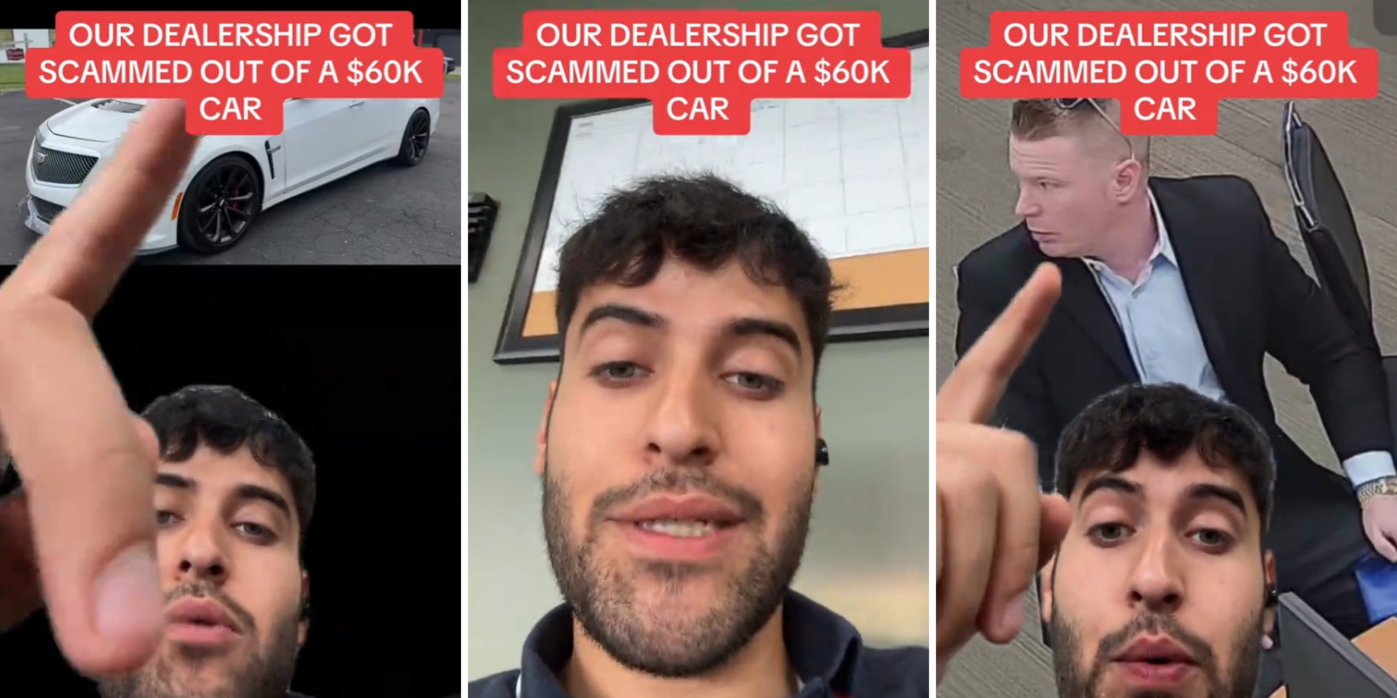 man pointing at car (l) man in office (c) man pointing at photo of another man sitting at desk (r) all captioned "our dealership got scammed out of a $60k car"