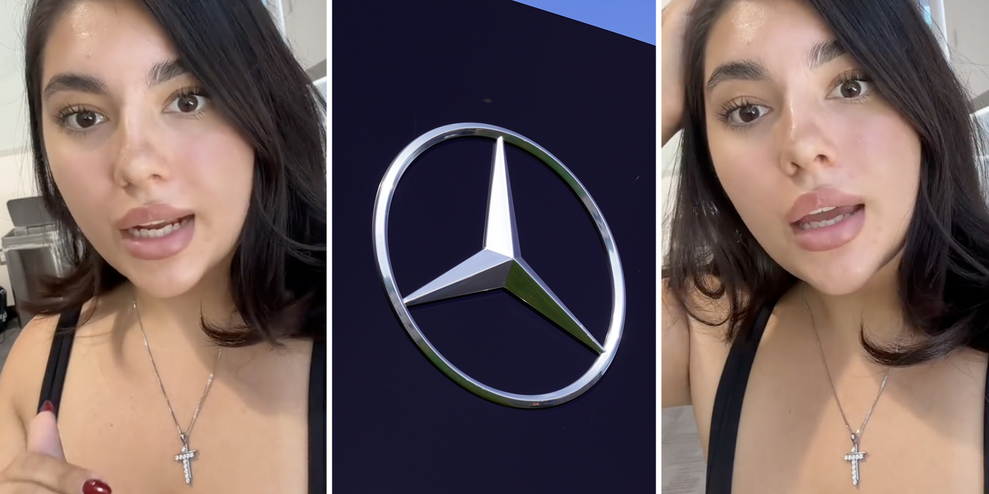 Woman talking(l+r), Mercedes logo(c)