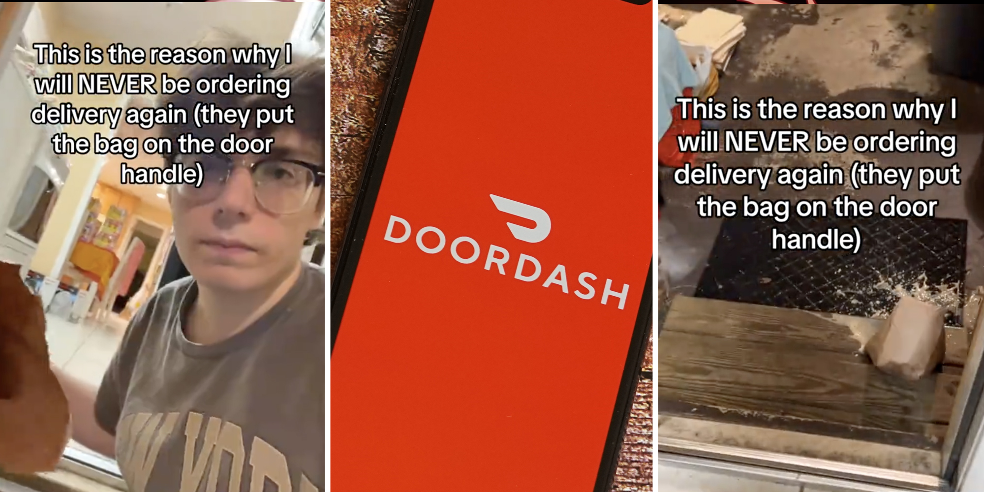 Man looking disappointed(l), Doordash app on phone(c), Spilled doordash(r)