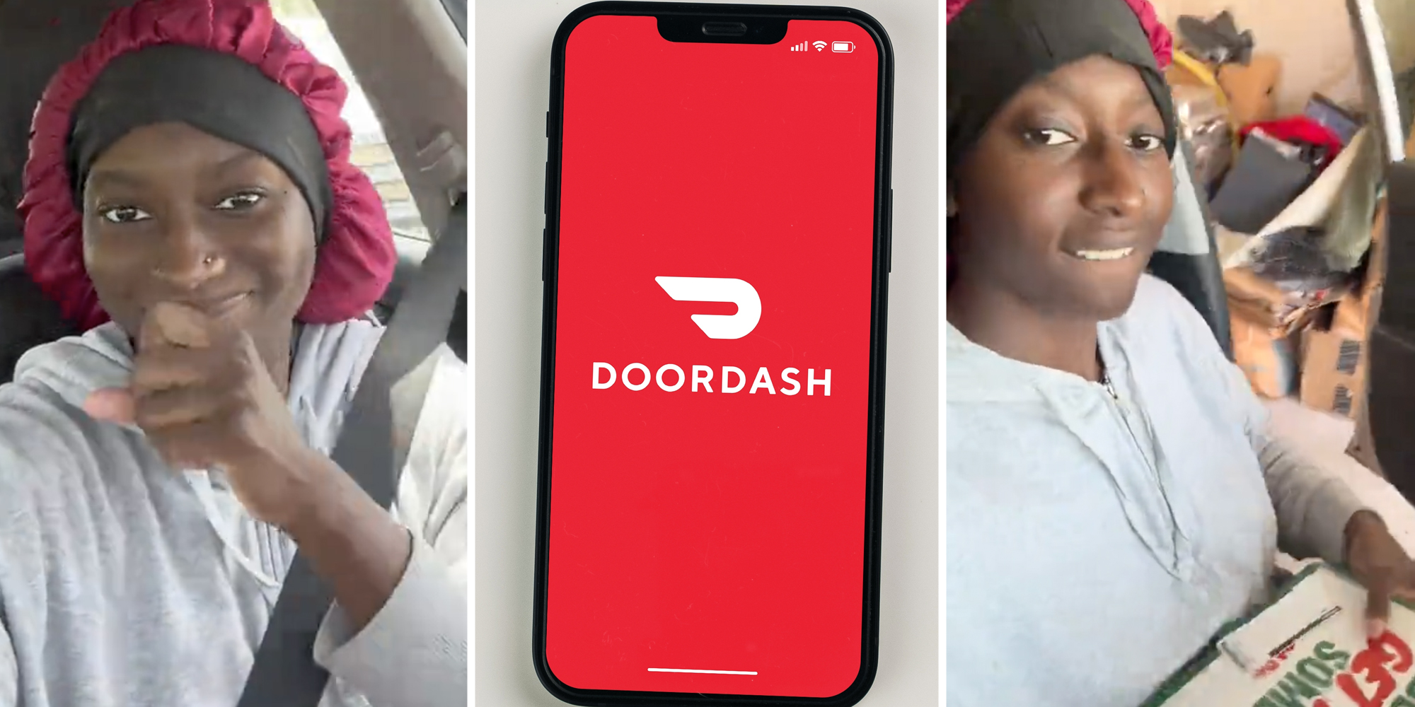 Woman smiling(l+r), Phone with doordash app(c)