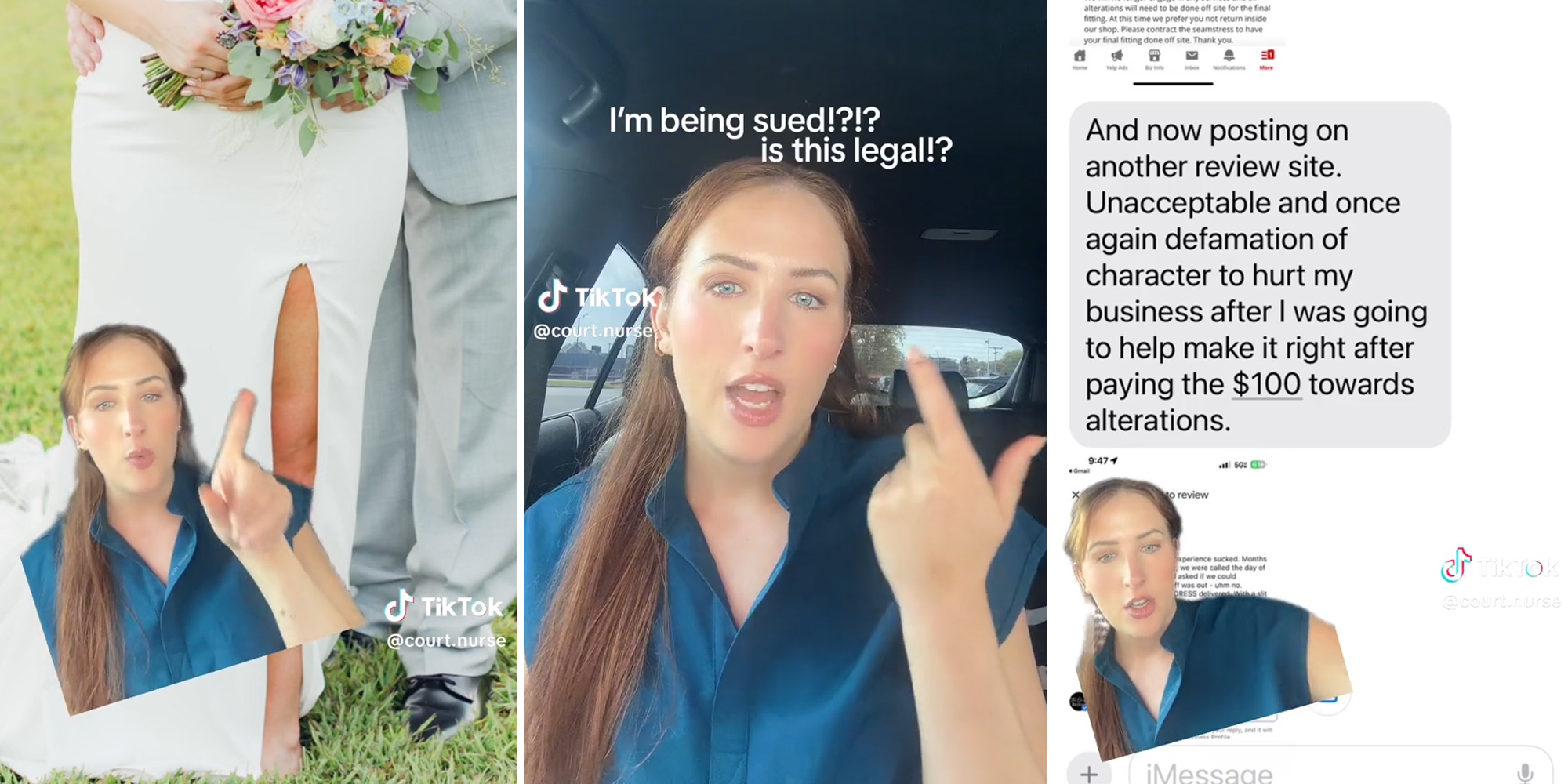 woman pointing to slit in wedding dress (l) woman in car with caption "I'm being sued!?!? is this legal!?" (c) woman in front of text messages (r)