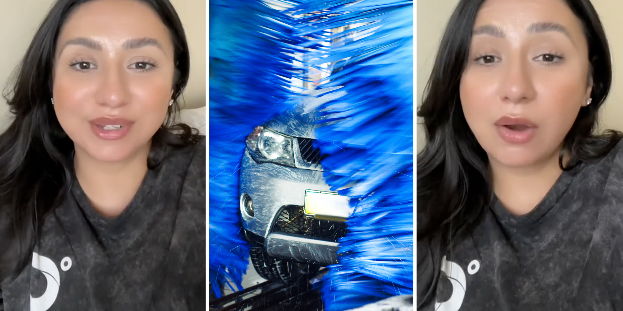 Woman talking(l+r), Car going through carwash(c)