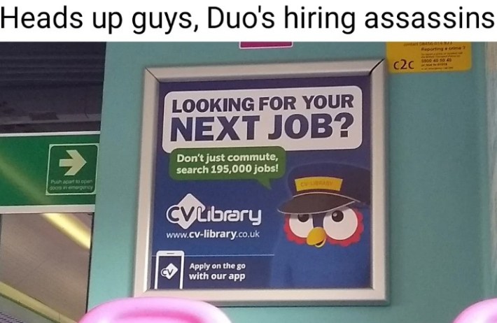 duo owl lookalike on an ad for train conductor jobs, with caption "heads up guys, duo's hiring assassins"