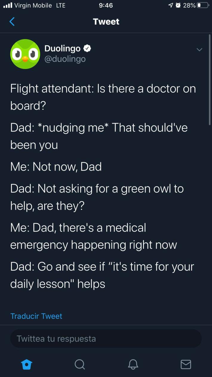 duolingo meme about "is anybody on the plane a doctor"
