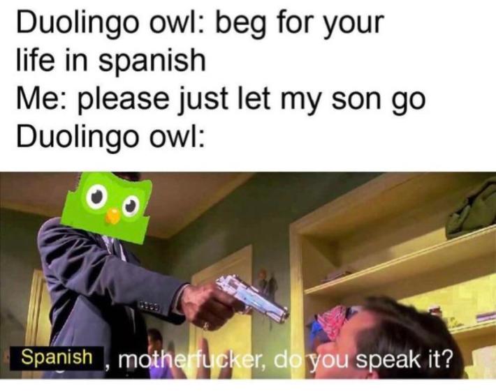 duolingo meme in "pulp fiction" scene