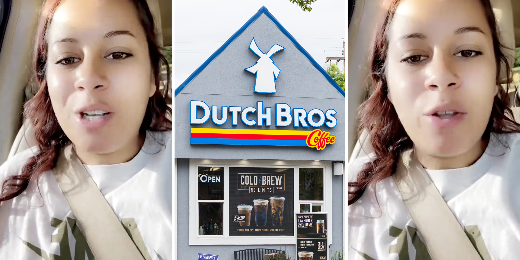 Woman talking(l+r), Dutch Bros Coffee(c)