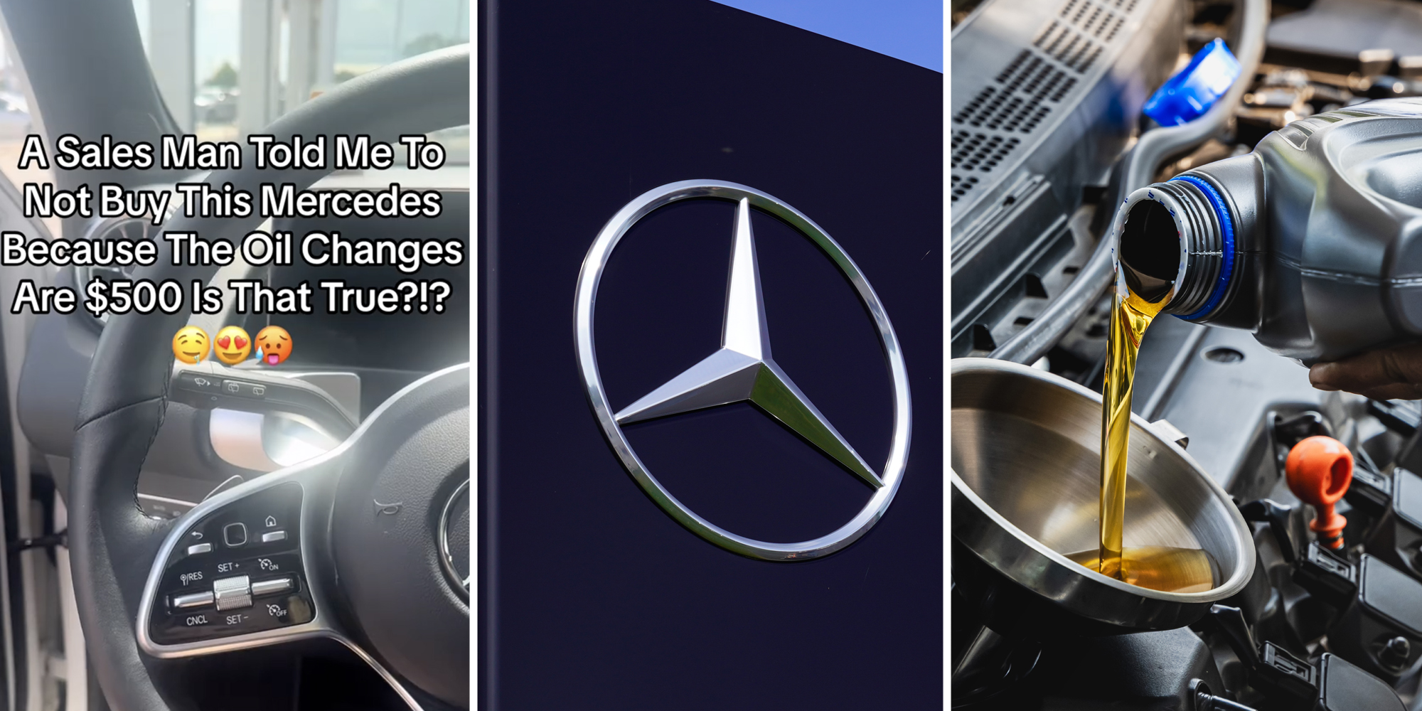 Interior car(l), Mercedes Benz logo(c), Oil change(r)